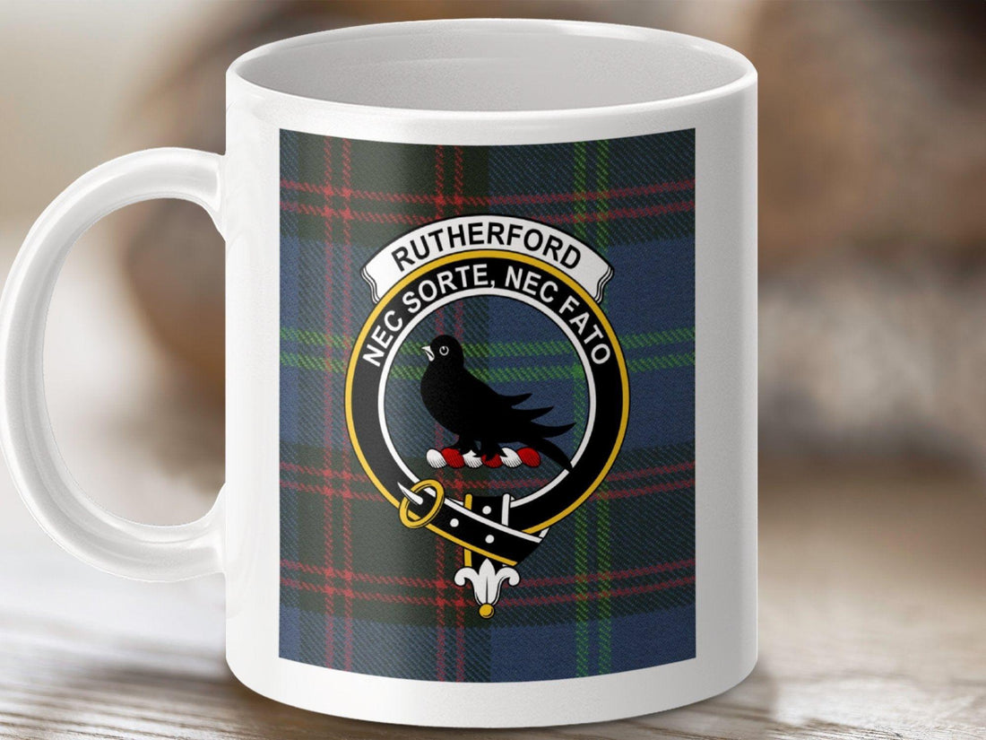 Rutherford Clan crest and tartan with Scottish scenery background