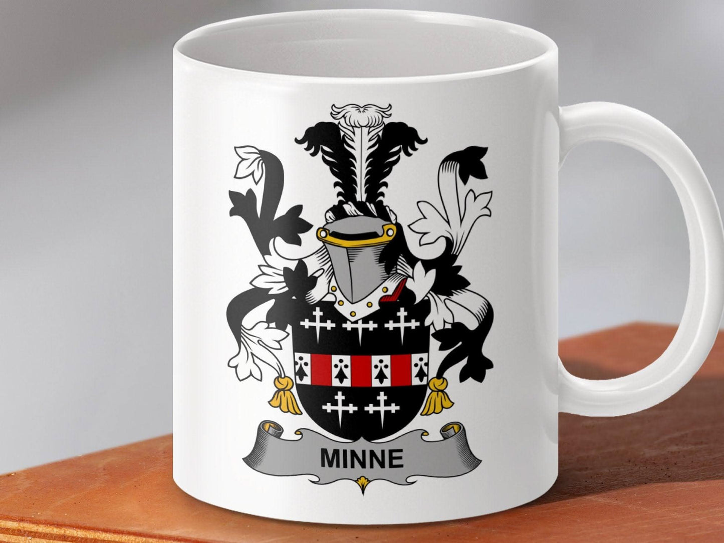 Minne Family Crest Heraldic Emblem Mug - Celtic Ancestry Gifts
