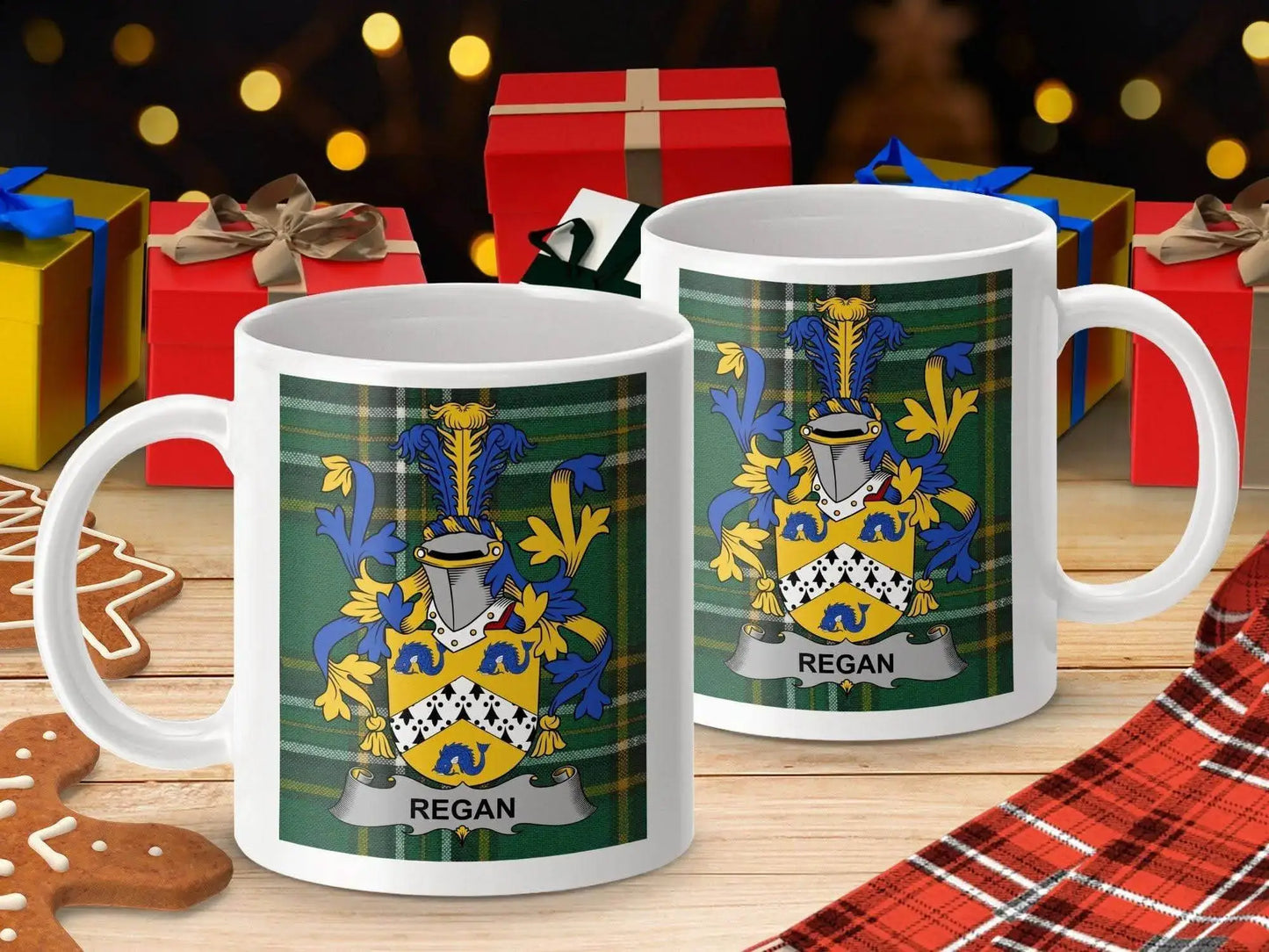 Regan Surname Family Crest on Irish Tartan Mug - Celtic Ancestry Gifts