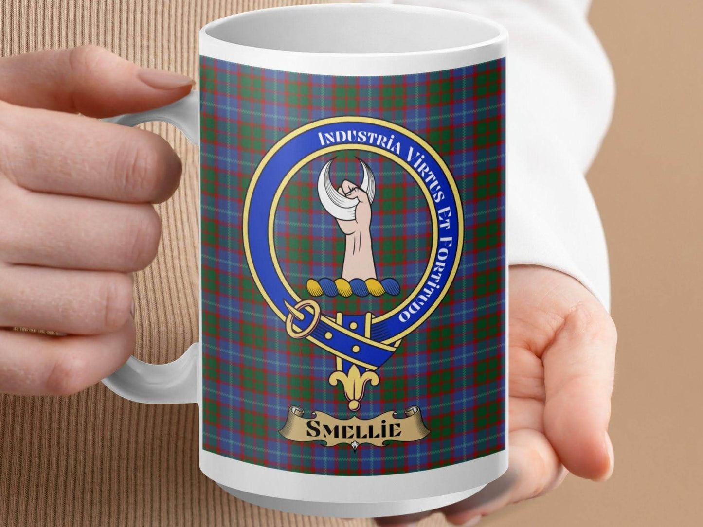 Smellie Coat of Arms Emblem on a Tartan Mug product