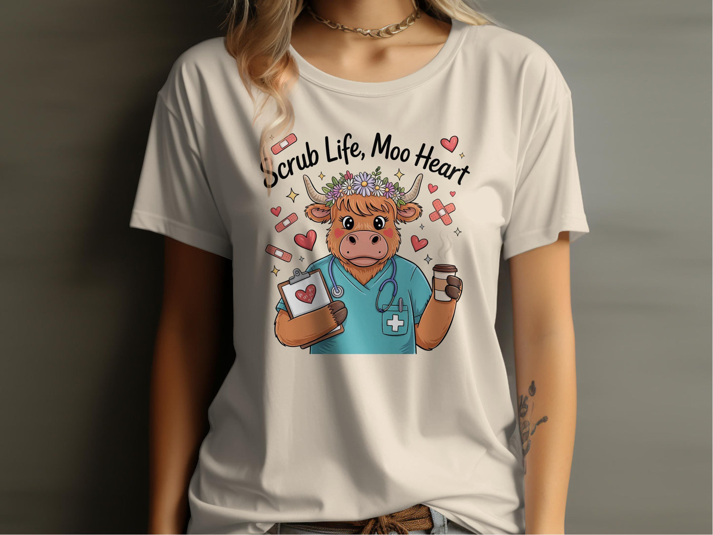 Cute Nurse Cow Scrub Life Moo Heart Graphic T-Shirt product type