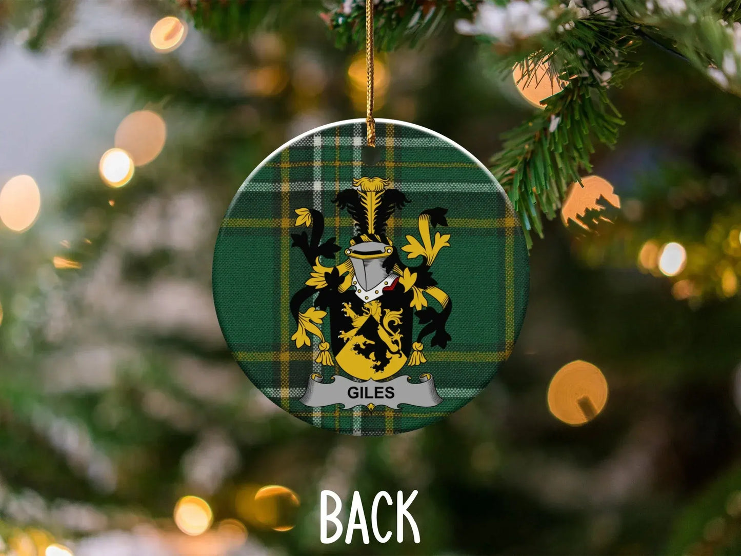 Custom Scottish Family Crest on Plaid Ornament product
