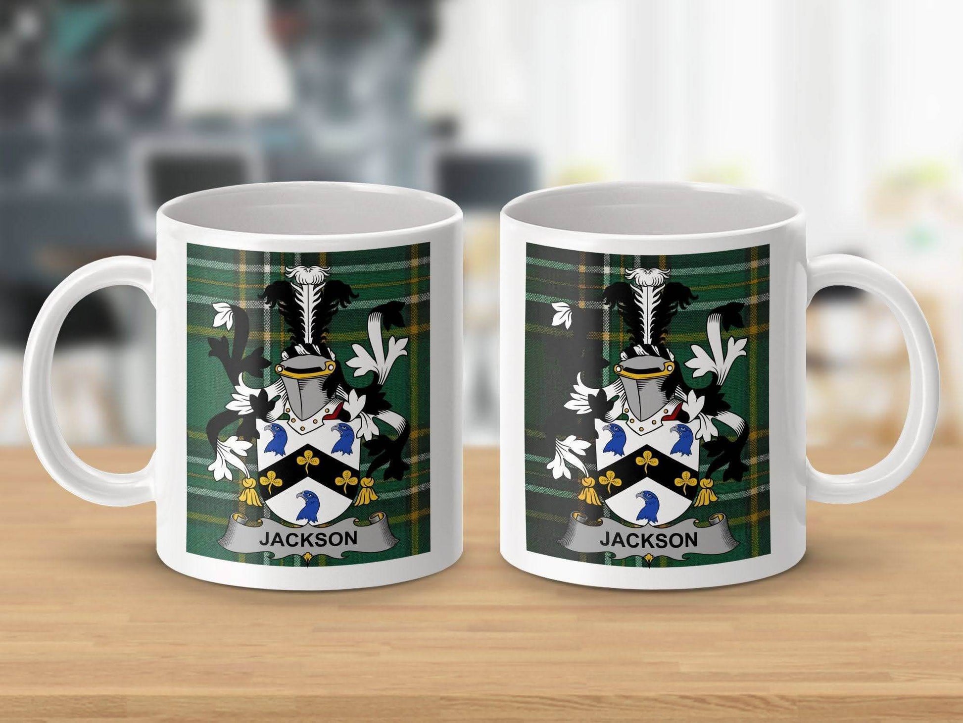 Jackson Surname Irish National Tartan Crest Mug - Celtic Ancestry Gifts