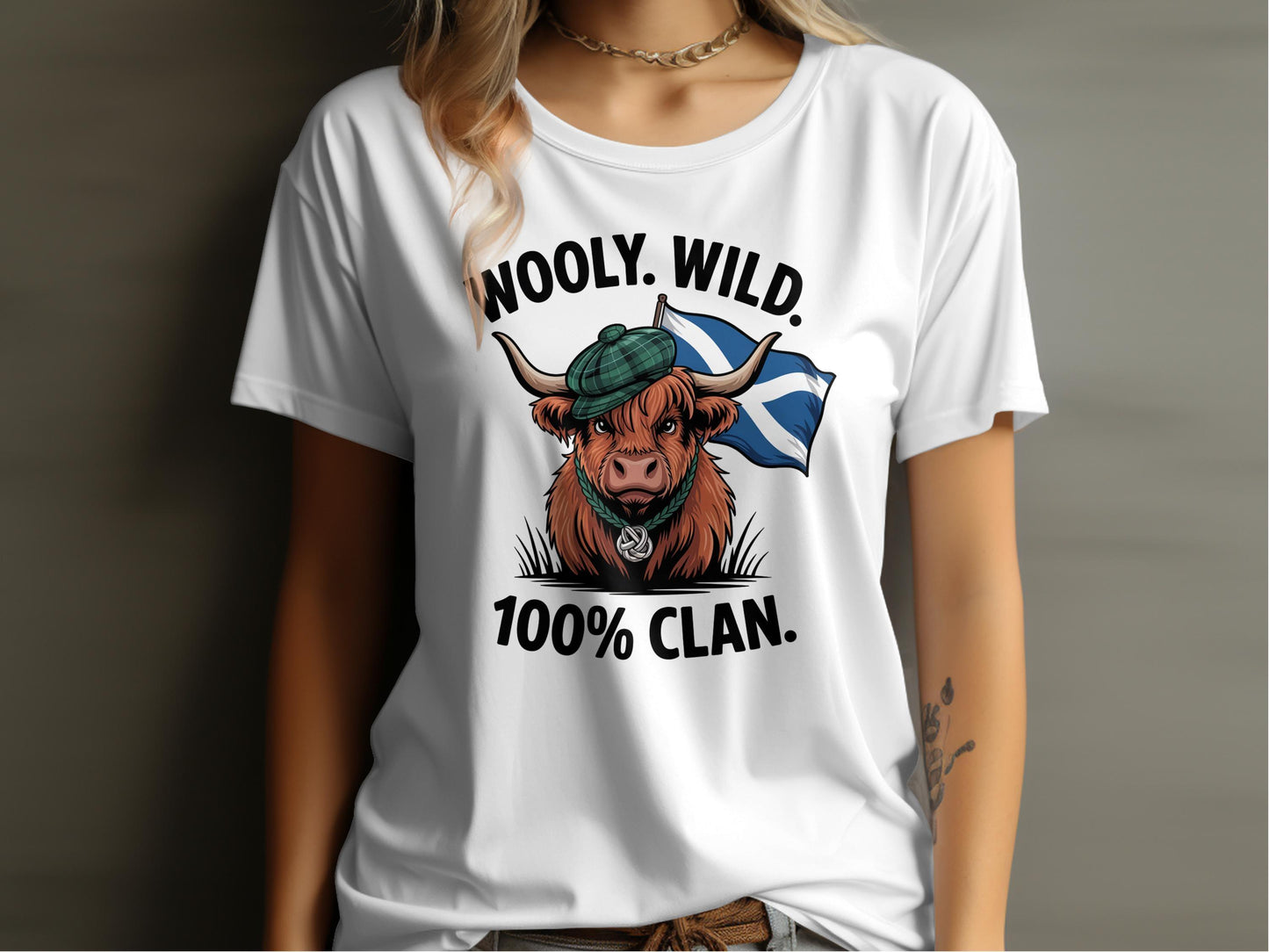 Wooly Wild 100 Percent Clan Highland Cow T-Shirt - Celtic Ancestry Gifts