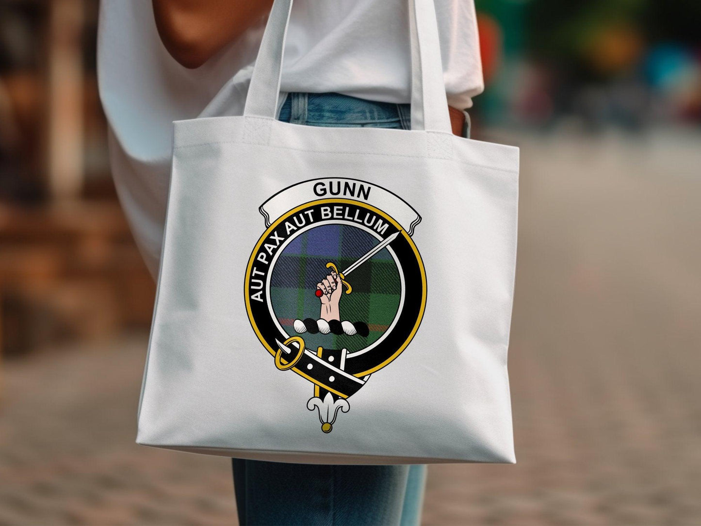 Gunn Scottish Clan Crest Tartan Tote Bags - Celtic Ancestry Gifts