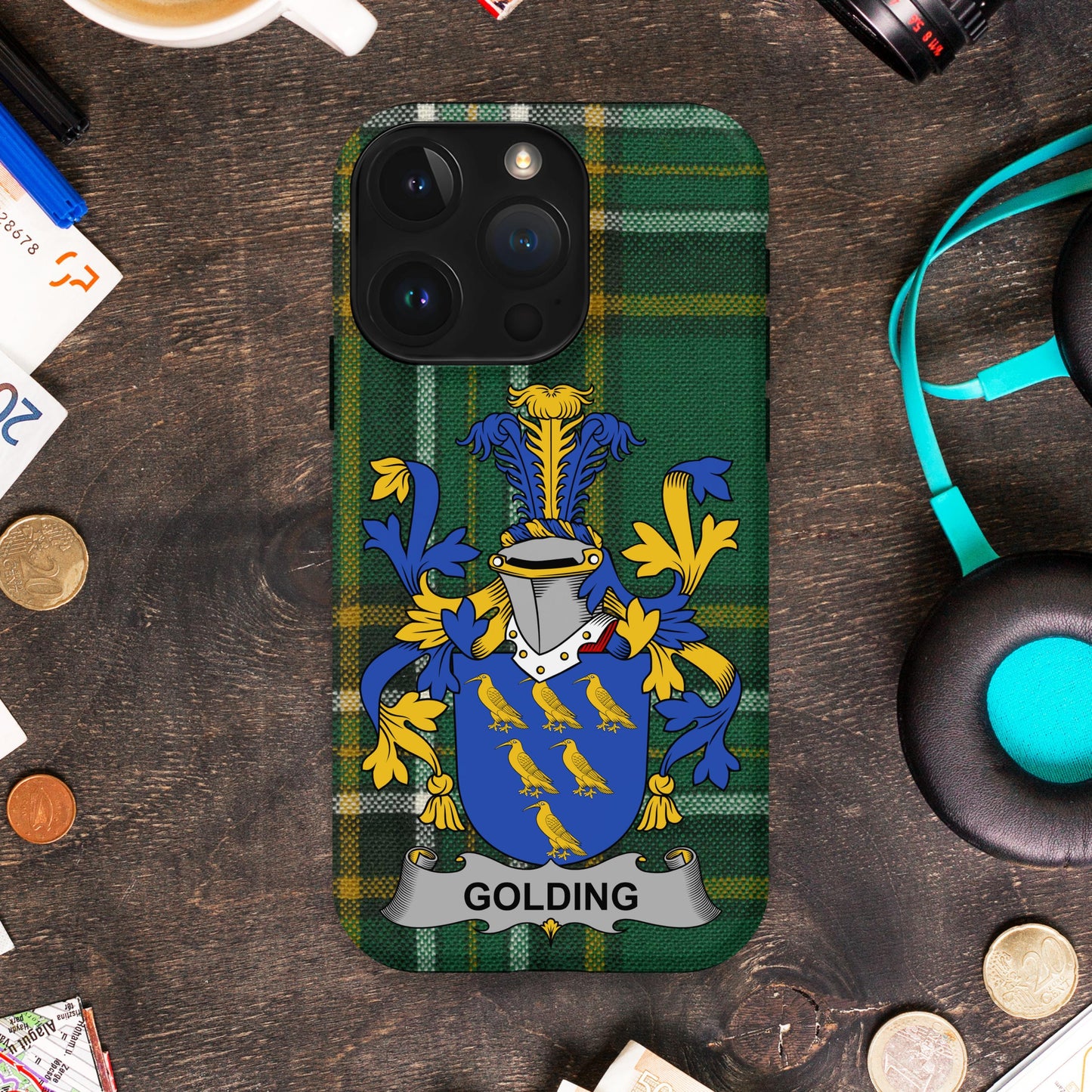 Golding Family Crest on Plaid Background phone case product