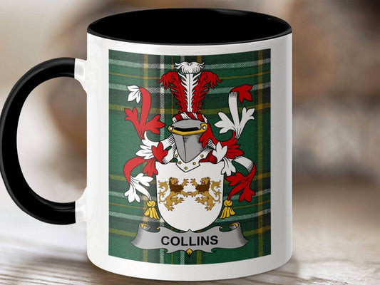 Collins Surname Family Crest Irish National Tartan Mug - Celtic Ancestry Gifts
