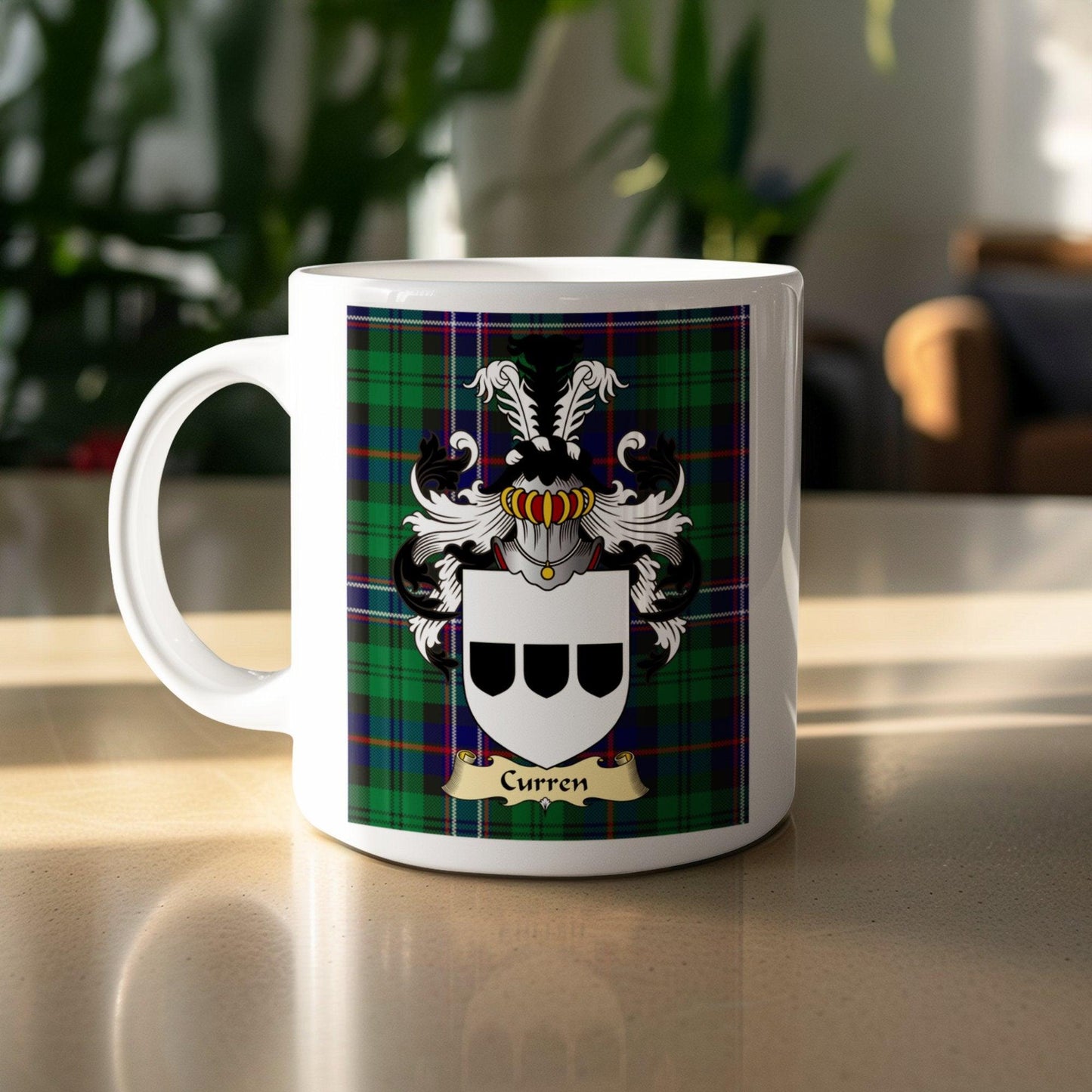 Curren Clan Coat Of Arms On Scottish Tartan T-Shirts - Celtic Ancestry Gifts