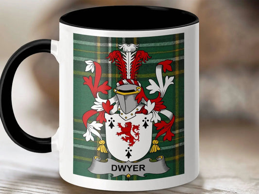 Dwyer Surname Family Crest Irish Tartan Mug - Celtic Ancestry Gifts