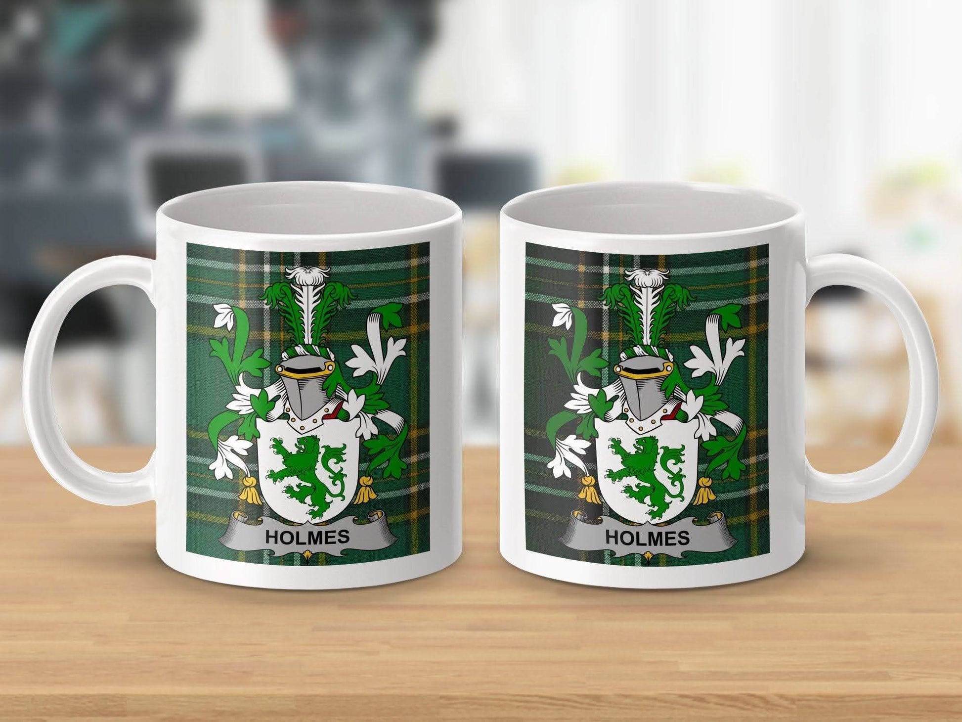 Holmes Surname Family Crest Irish Tartan Mug - Celtic Ancestry Gifts