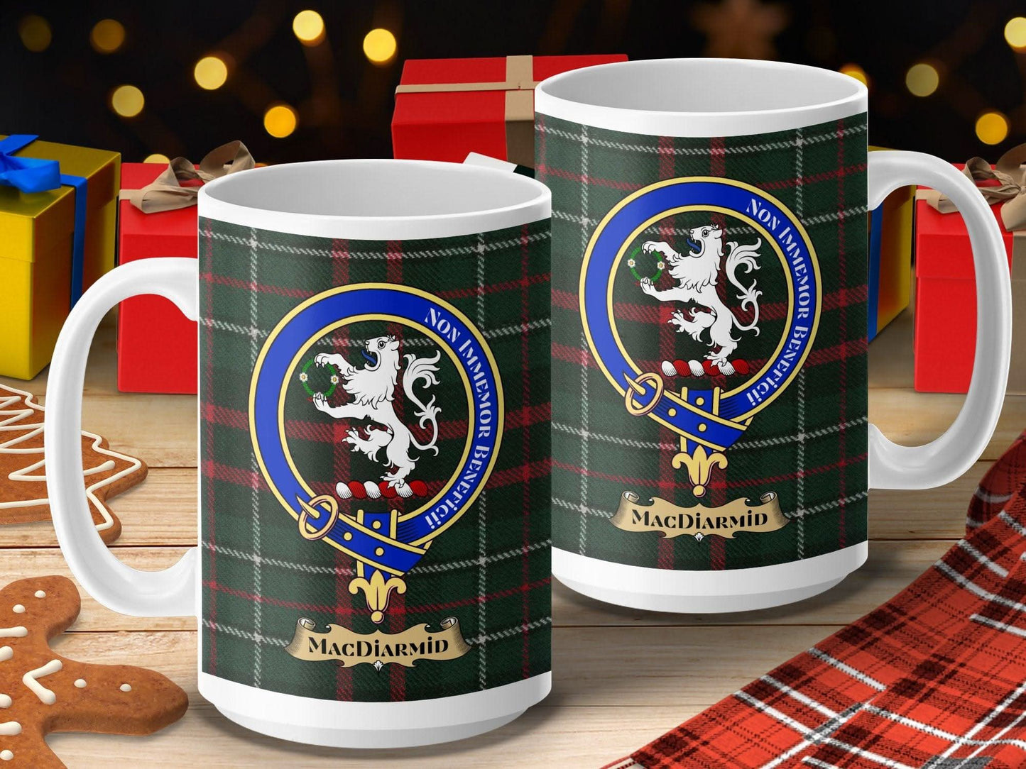 MacDiarmid Family Crest Plaid Background Mug product