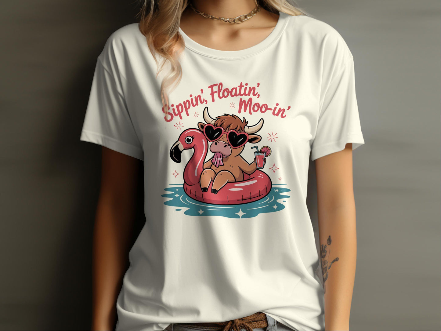 Sippin Floatin Moo in Flamingo Graphic Tee Shirt product type