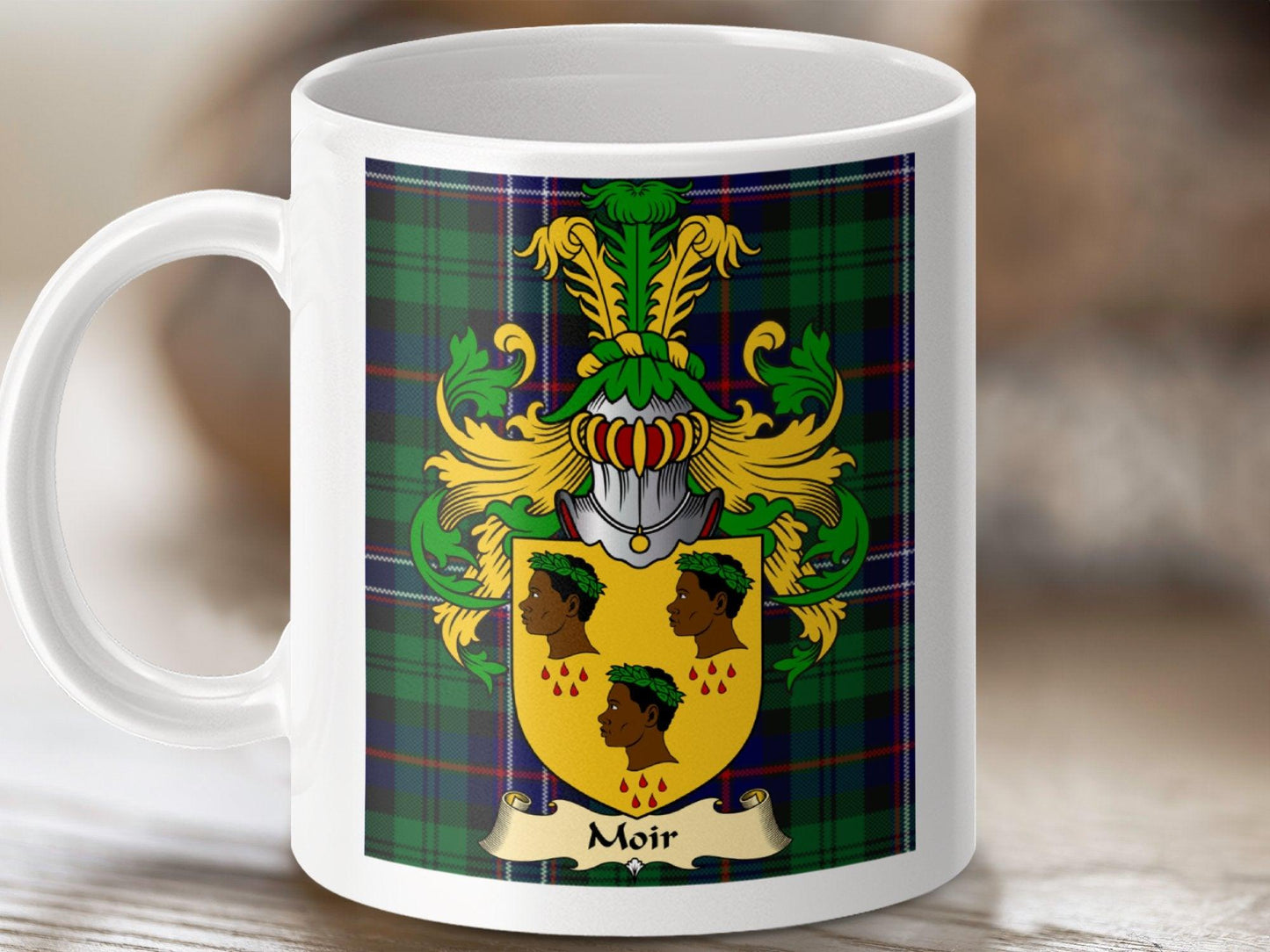 Moir Clan Surname Coat Of Arms Tartan Mug - Celtic Ancestry Gifts