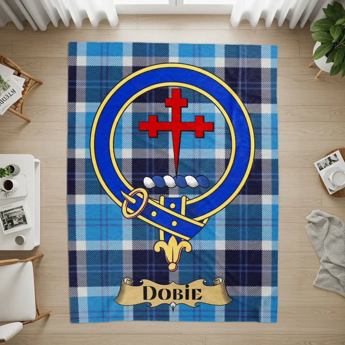 Dobie Family Crest on Blue Plaid Background product type