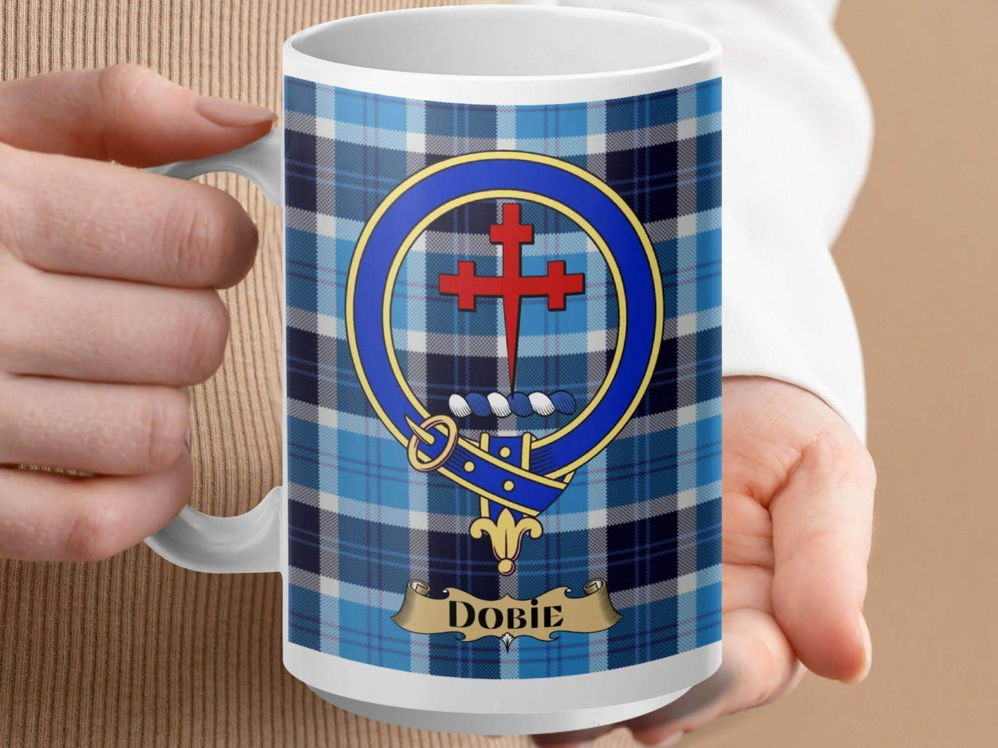 Blue Tartan Pattern Mug with Dobie Crest Design product