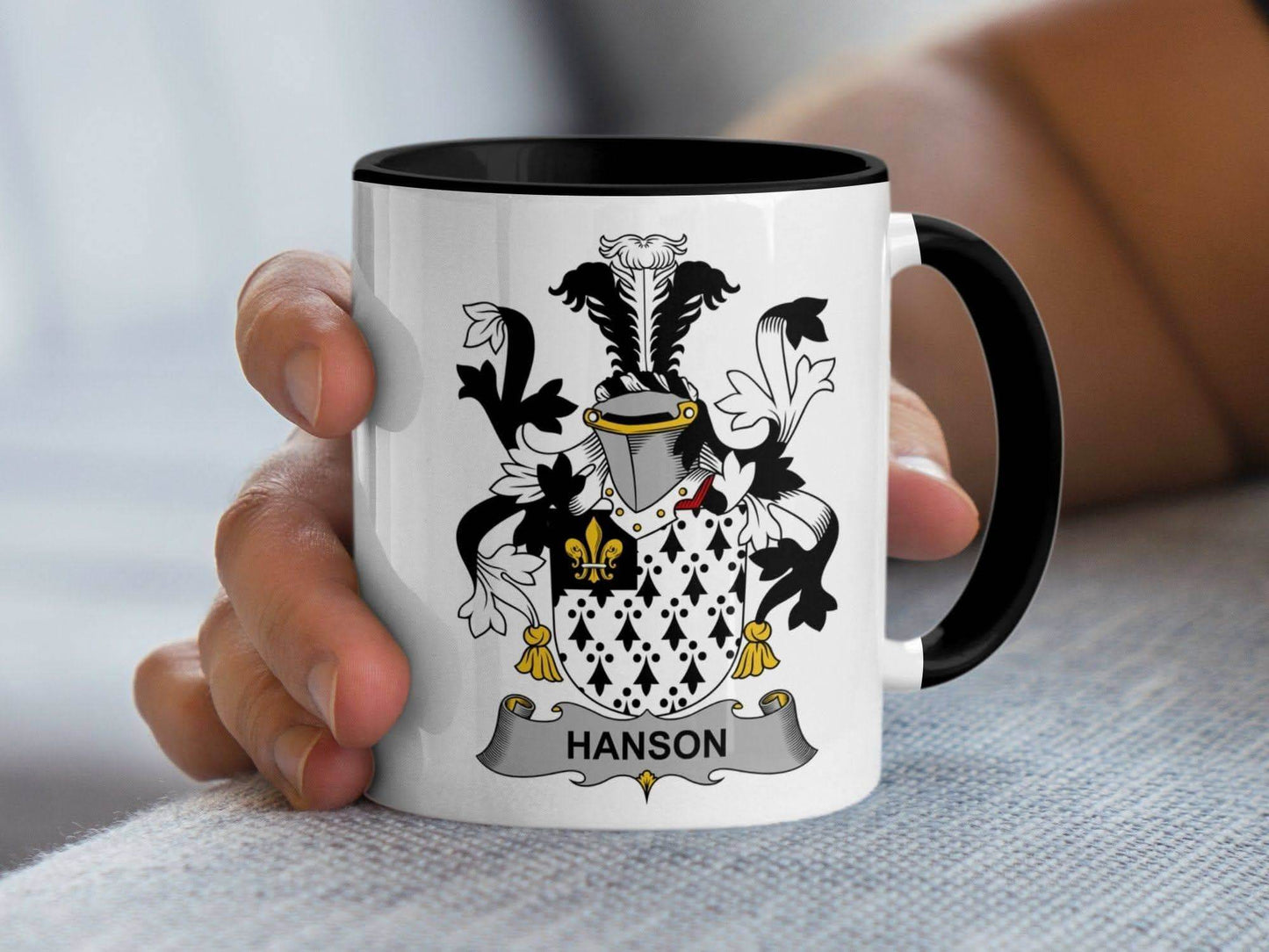 Black and White Hanson Family Crest Mug - Celtic Ancestry Gifts