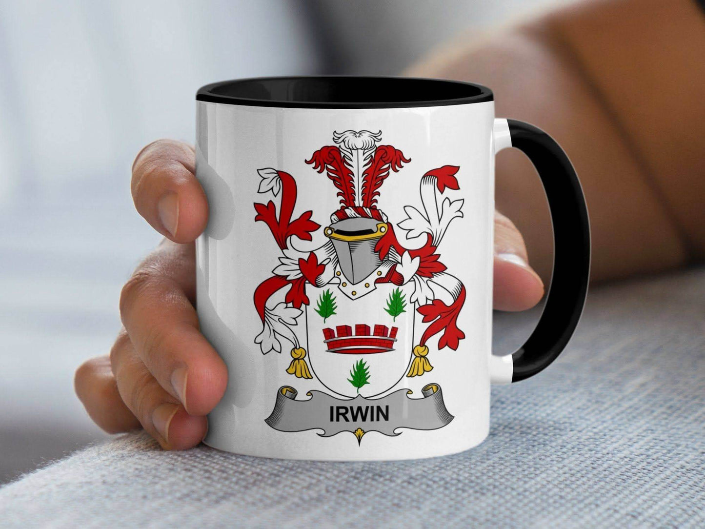 Irwin Surname Family Coat Of Arms Emblem Mug - Celtic Ancestry Gifts