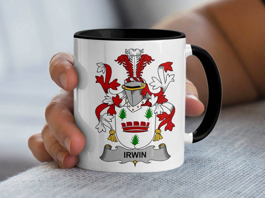Irwin Surname Family Coat Of Arms Emblem Mug - Celtic Ancestry Gifts