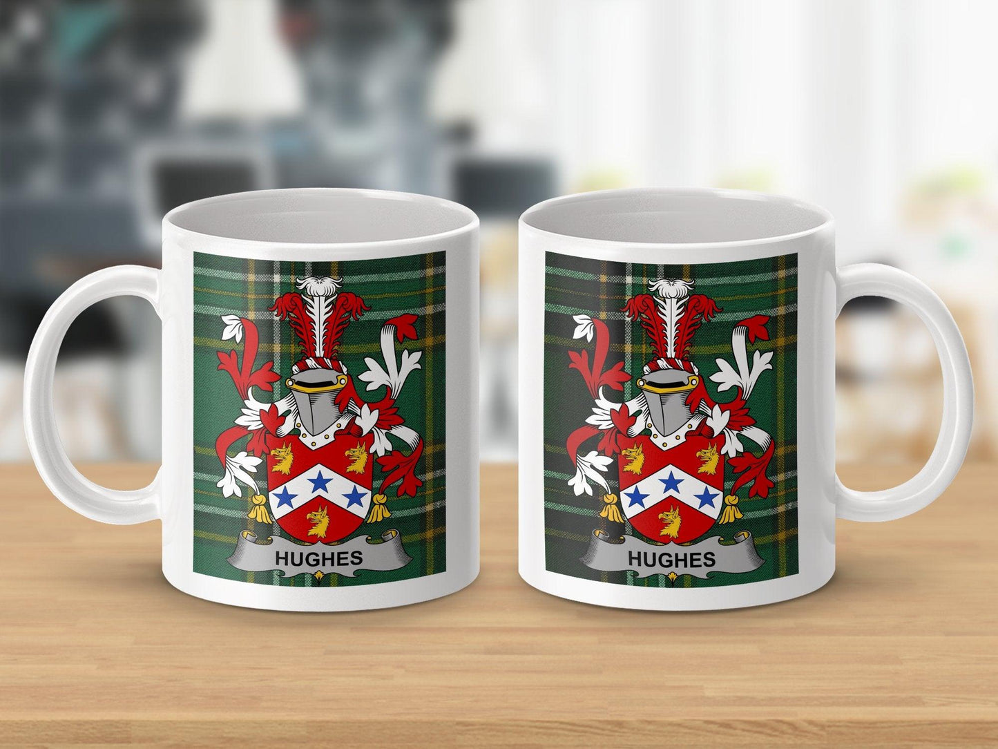 Hughes Surname Family Crest Irish Tartan Mug - Celtic Ancestry Gifts
