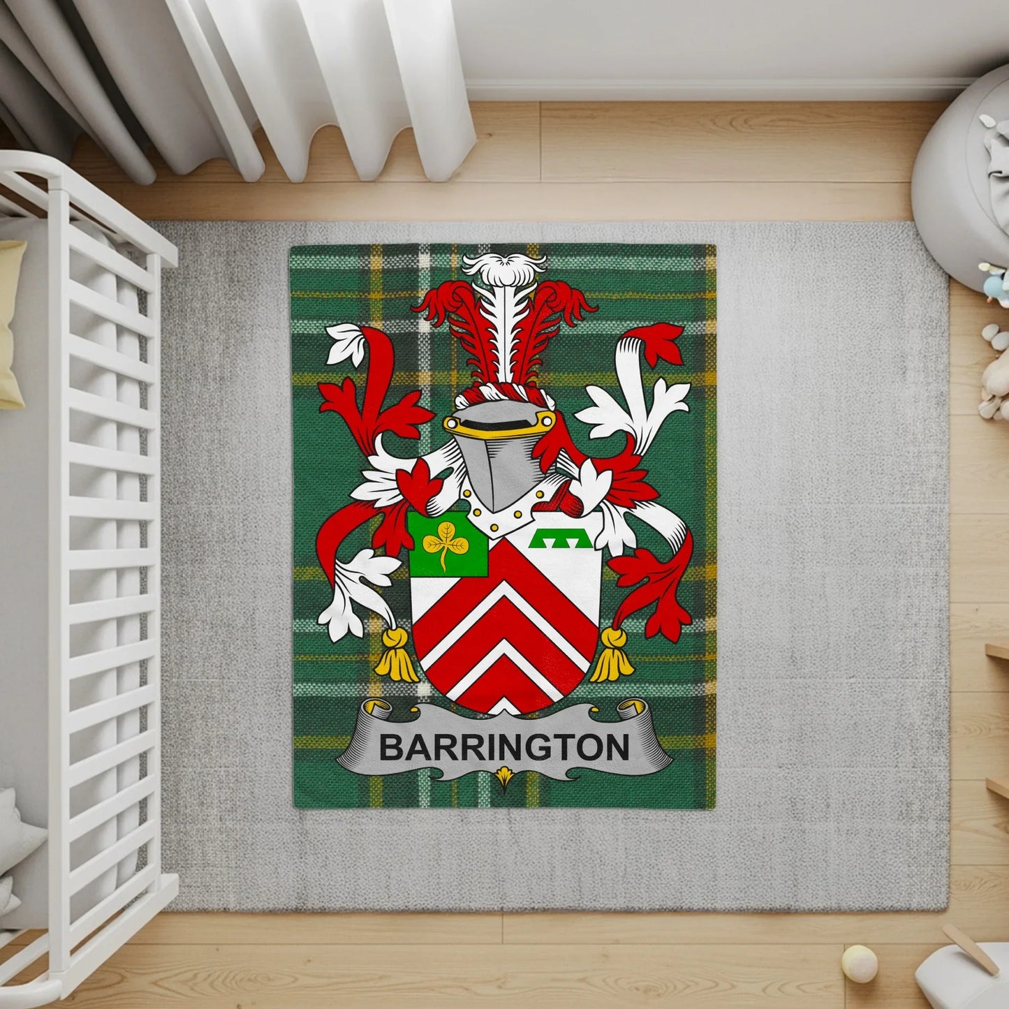 Barrington Family Crest and Shield Plaid Design Product