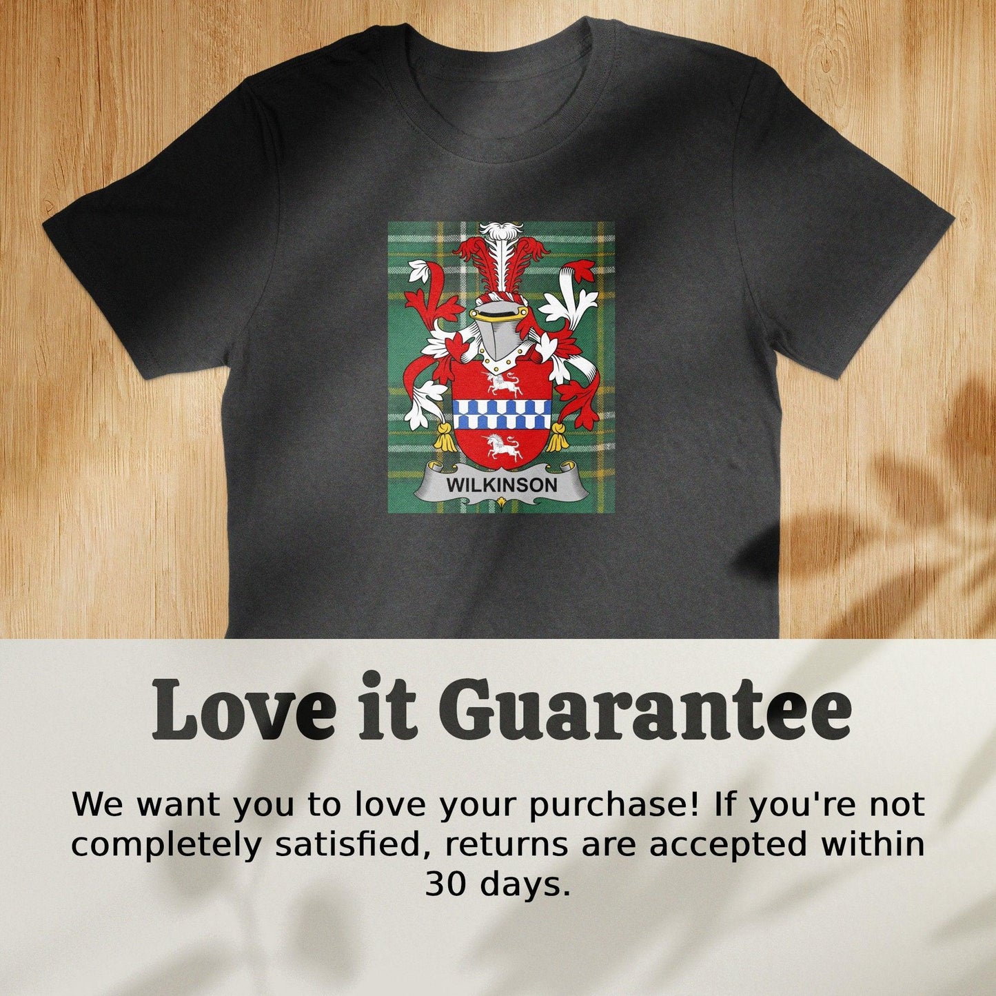 Wilkinson Family Crest on Irish Tartan Background T-Shirt - Celtic Ancestry Gifts
