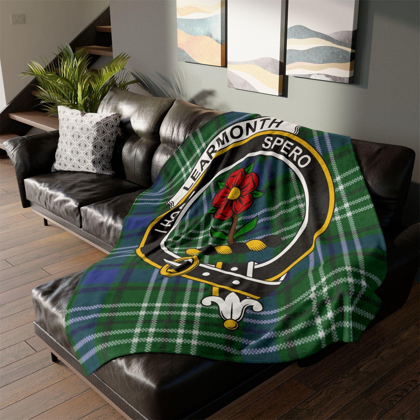 Learmonth Clan Tartan Blanket – Scottish Crest Throw, Soft & Cozy - Celtic Ancestry Gifts