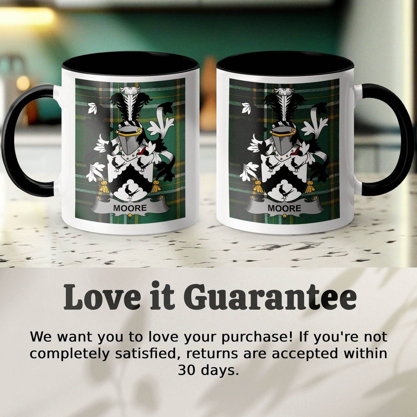 Moore Surname Family Crest Irish Tartan Mug - Celtic Ancestry Gifts