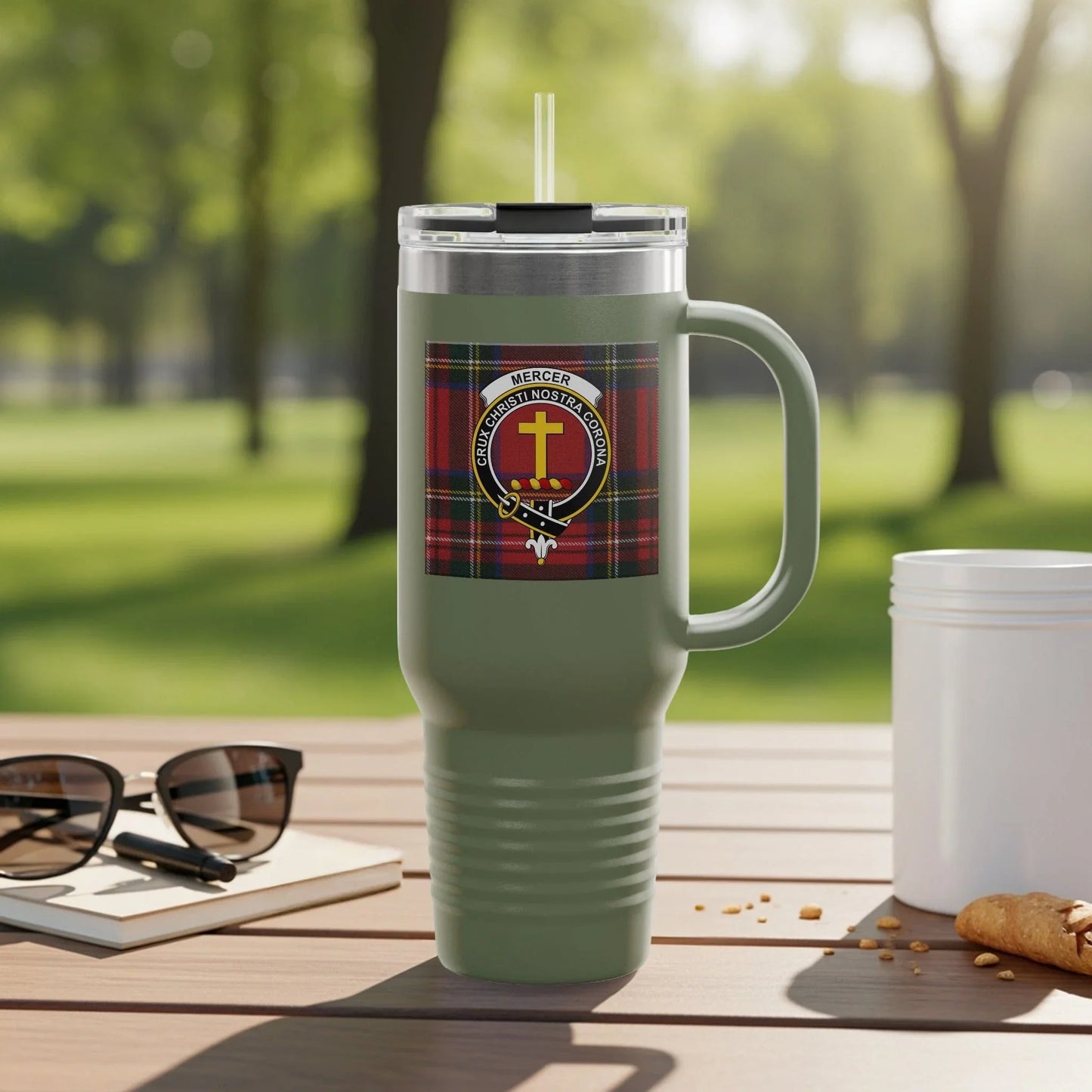 Plaid Cross Emblem Tumbler with Handle Drinking product