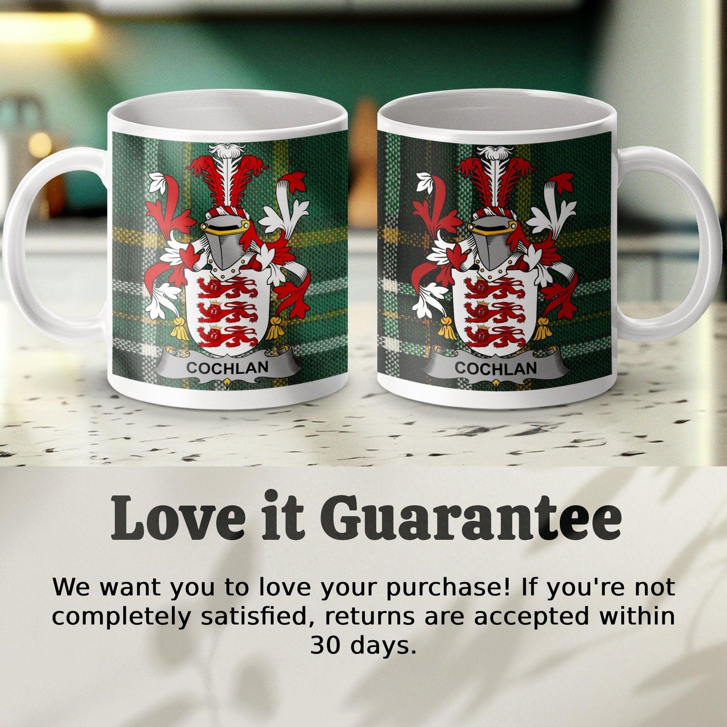 Cochlan Surname Family Crest Irish Tartan Mug - Celtic Ancestry Gifts