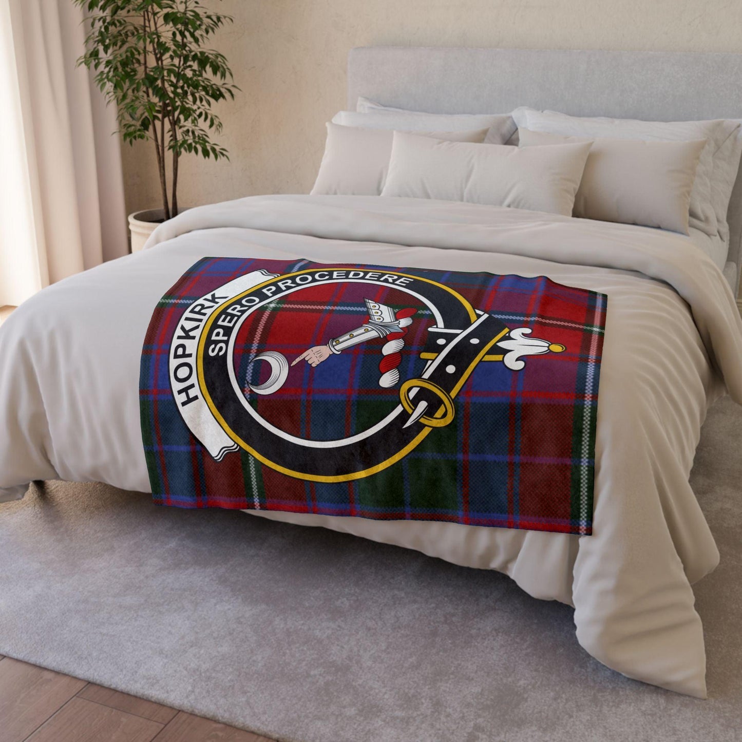 Hopkirk Clan Tartan Blanket – Scottish Crest Throw, Soft & Cozy