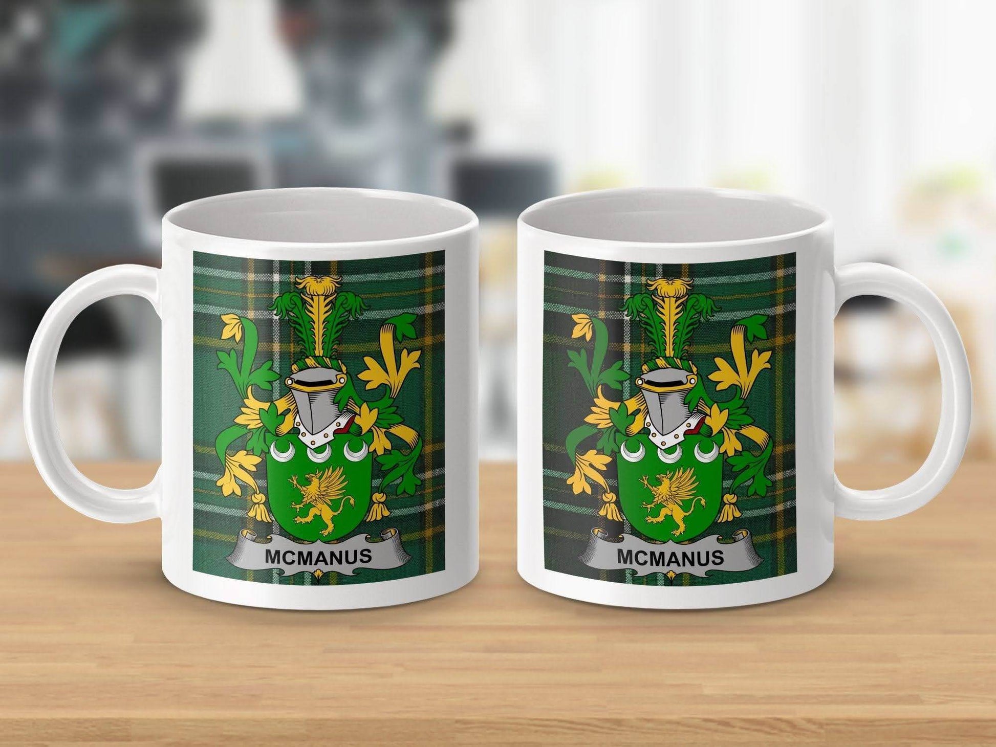 McManus Surname Family Crest on Irish Tartan Mug - Celtic Ancestry Gifts
