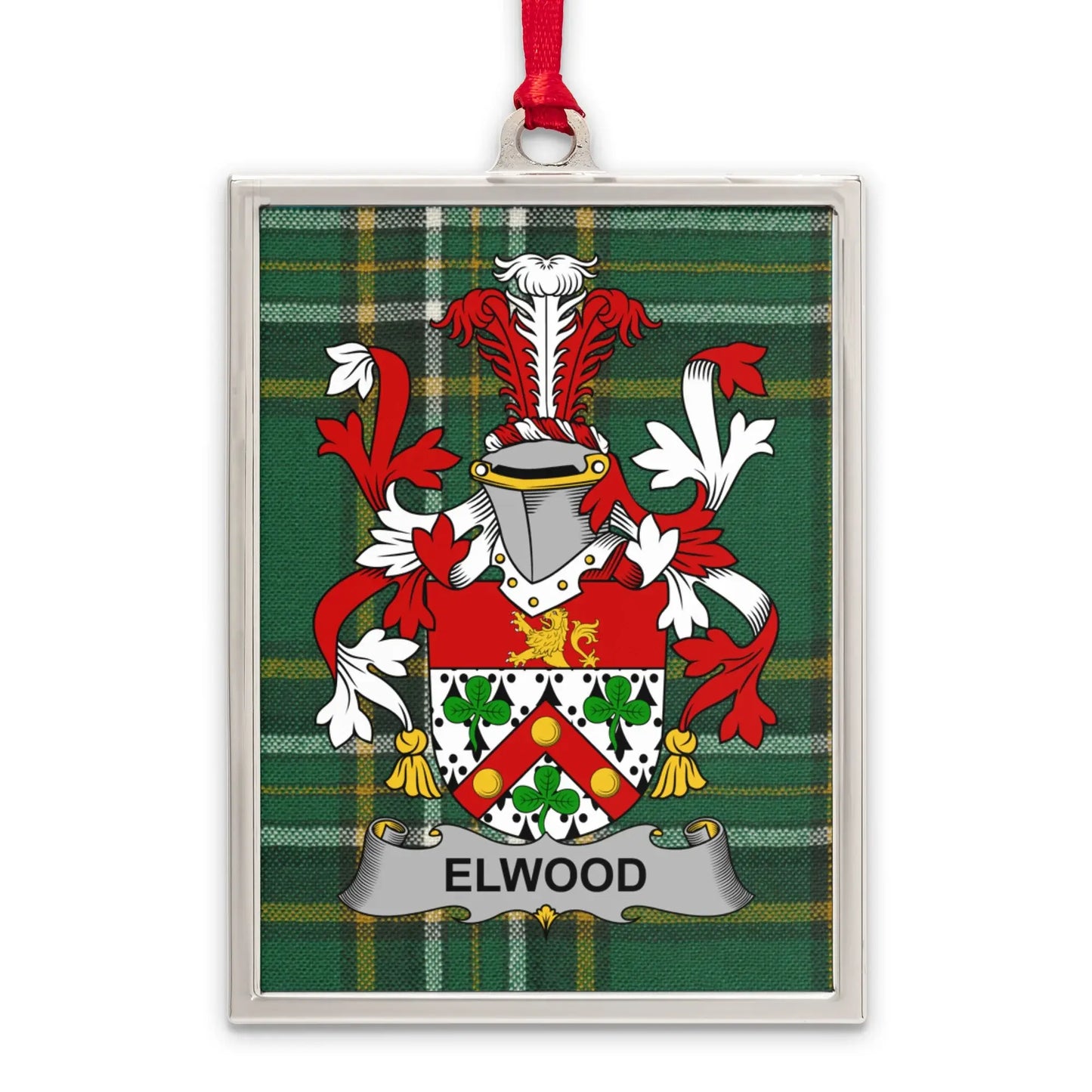 Elwood Family Crest and Tartan Background Ornament product