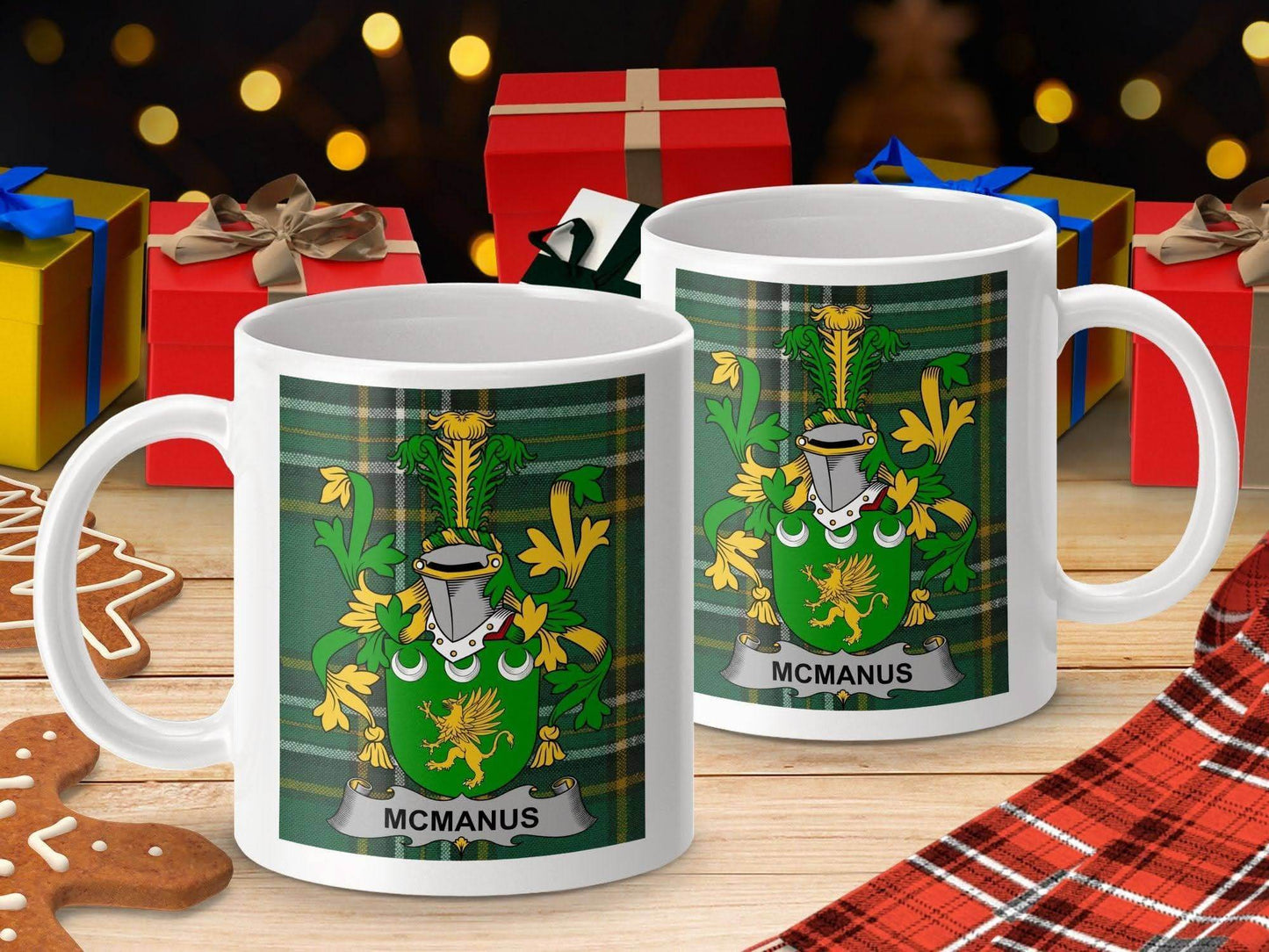 McManus Surname Family Crest on Irish Tartan Mug - Celtic Ancestry Gifts