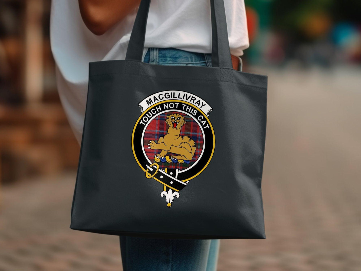 MacGillivray Touch Not This Cat Crest Tartan Tote Bags - Celtic Ancestry Gifts