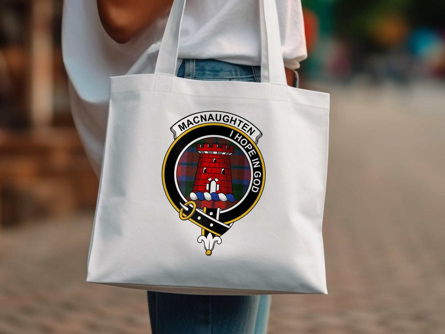 MacNaughten Hope In God Clan Crest Tartan Tote Bags - Celtic Ancestry Gifts