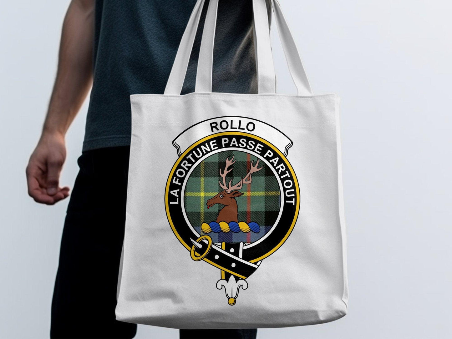 Rollo Scottish Clan Crest Tartan Tote Bags - Celtic Ancestry Gifts