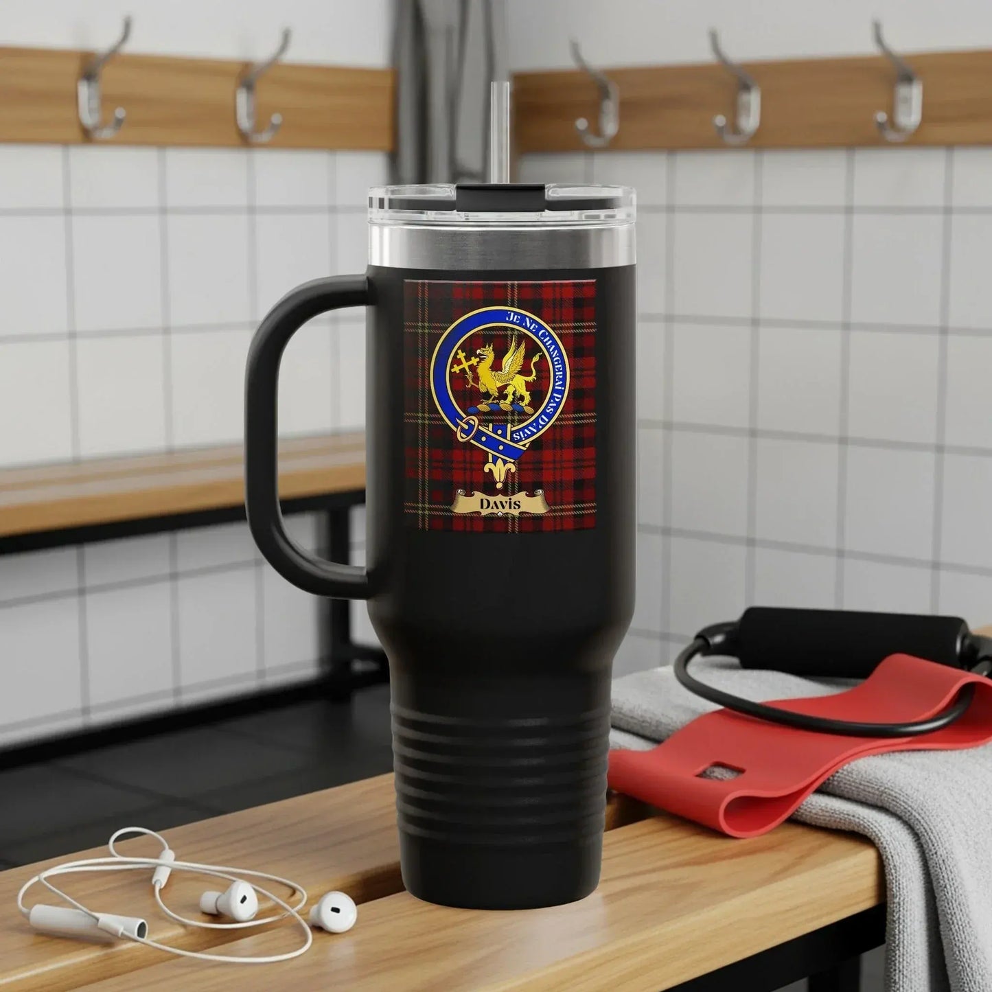 Black Mug with Plaid Background Gym Locker Room Product