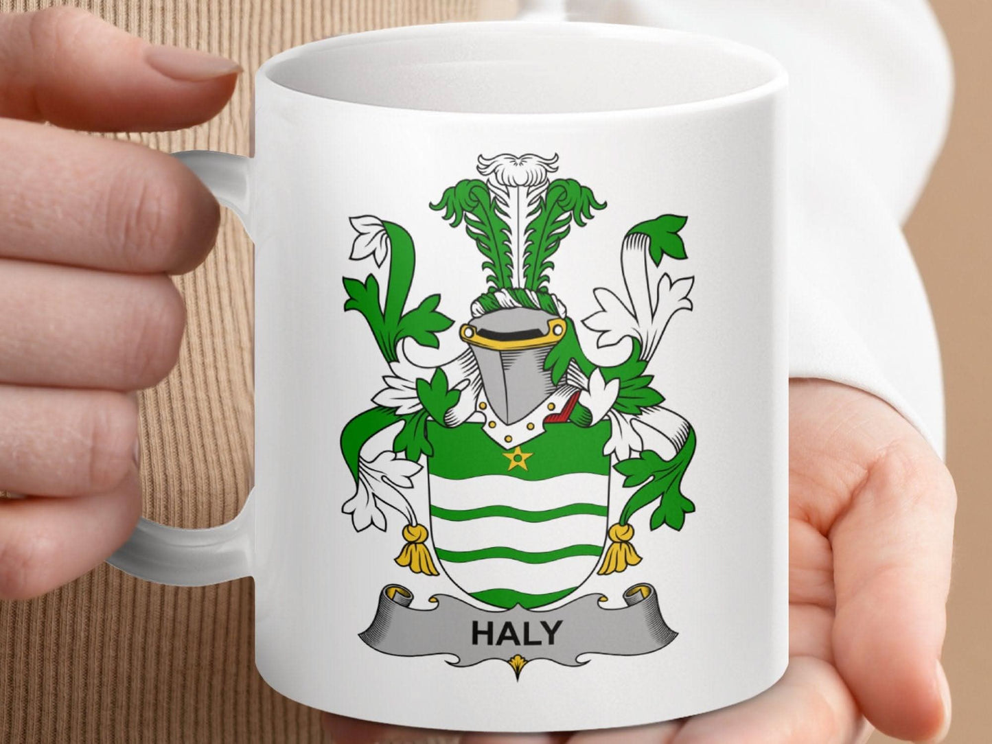 Haly Surname Irish Family Crest Coat Of Arms Design Mug - Celtic Ancestry Gifts
