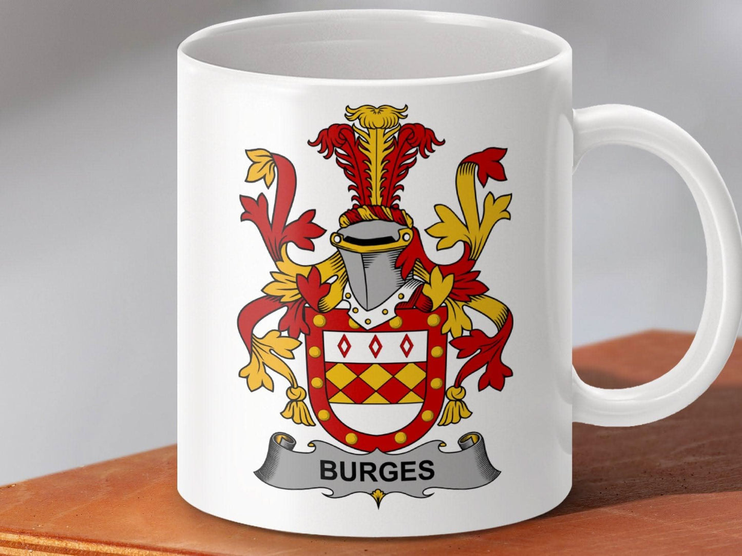 Burges Surname Irish Family Crest Heraldry Heritage Mug - Celtic Ancestry Gifts