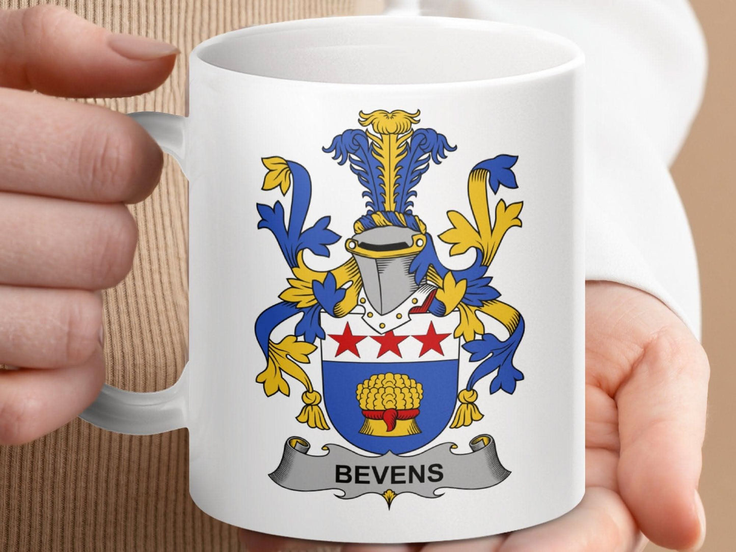 Bevins Family Crest Coat of Arms Shield Mug - Celtic Ancestry Gifts