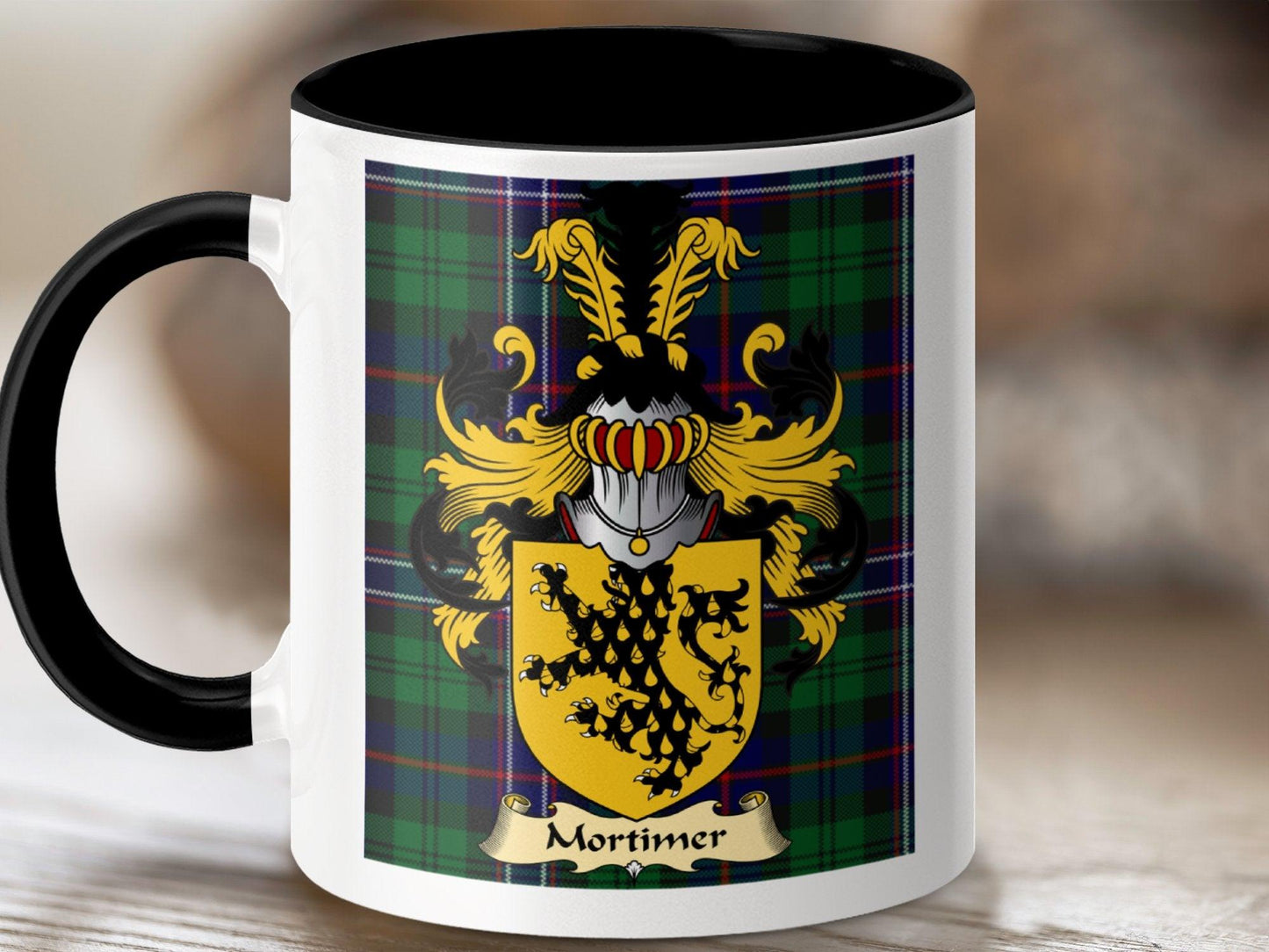 Mortimer Clan Surname Coat Of Arms Tartan Mug - Celtic Ancestry Gifts