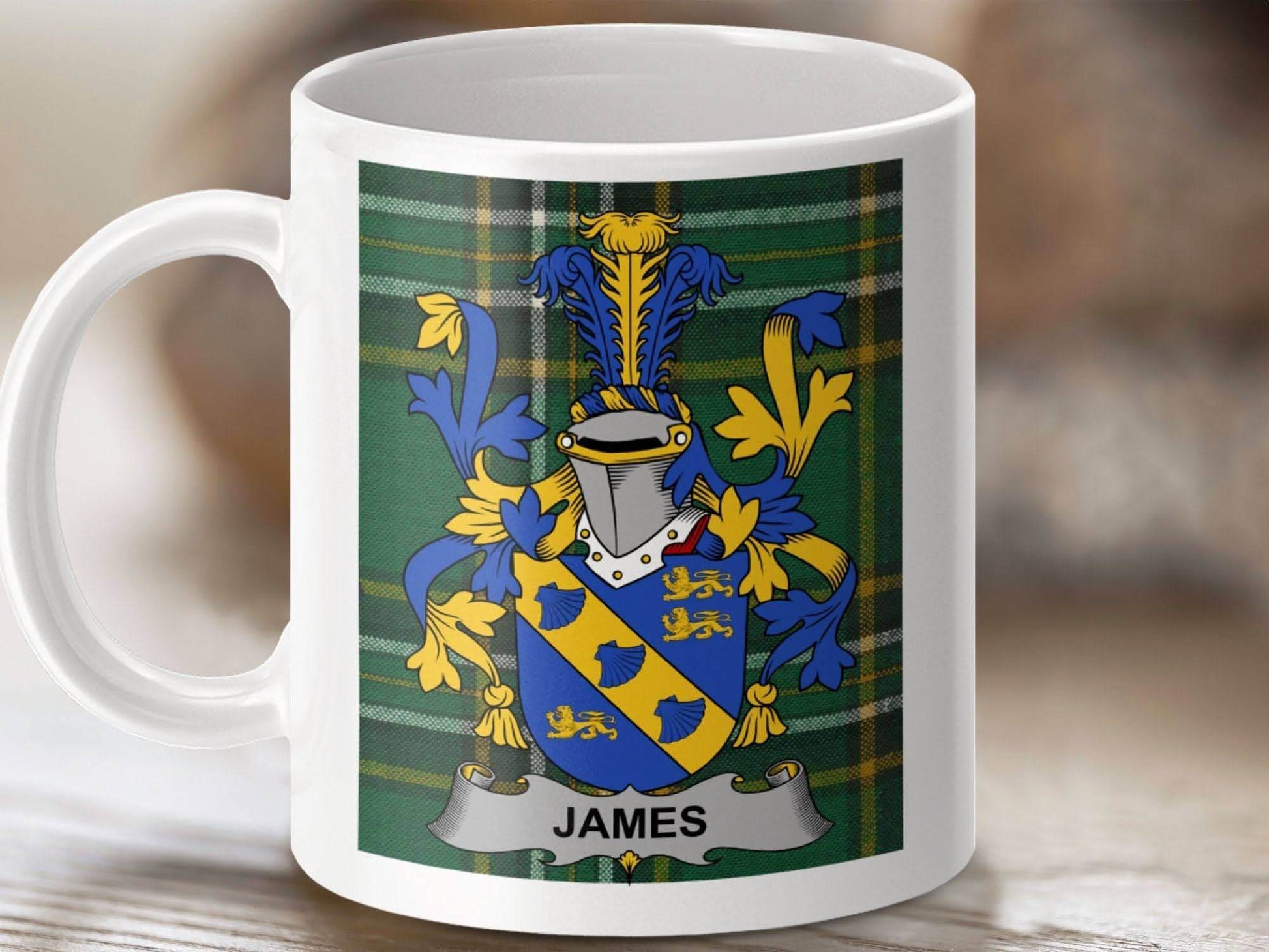James Surname Family Crest Irish Tartan Mug - Celtic Ancestry Gifts