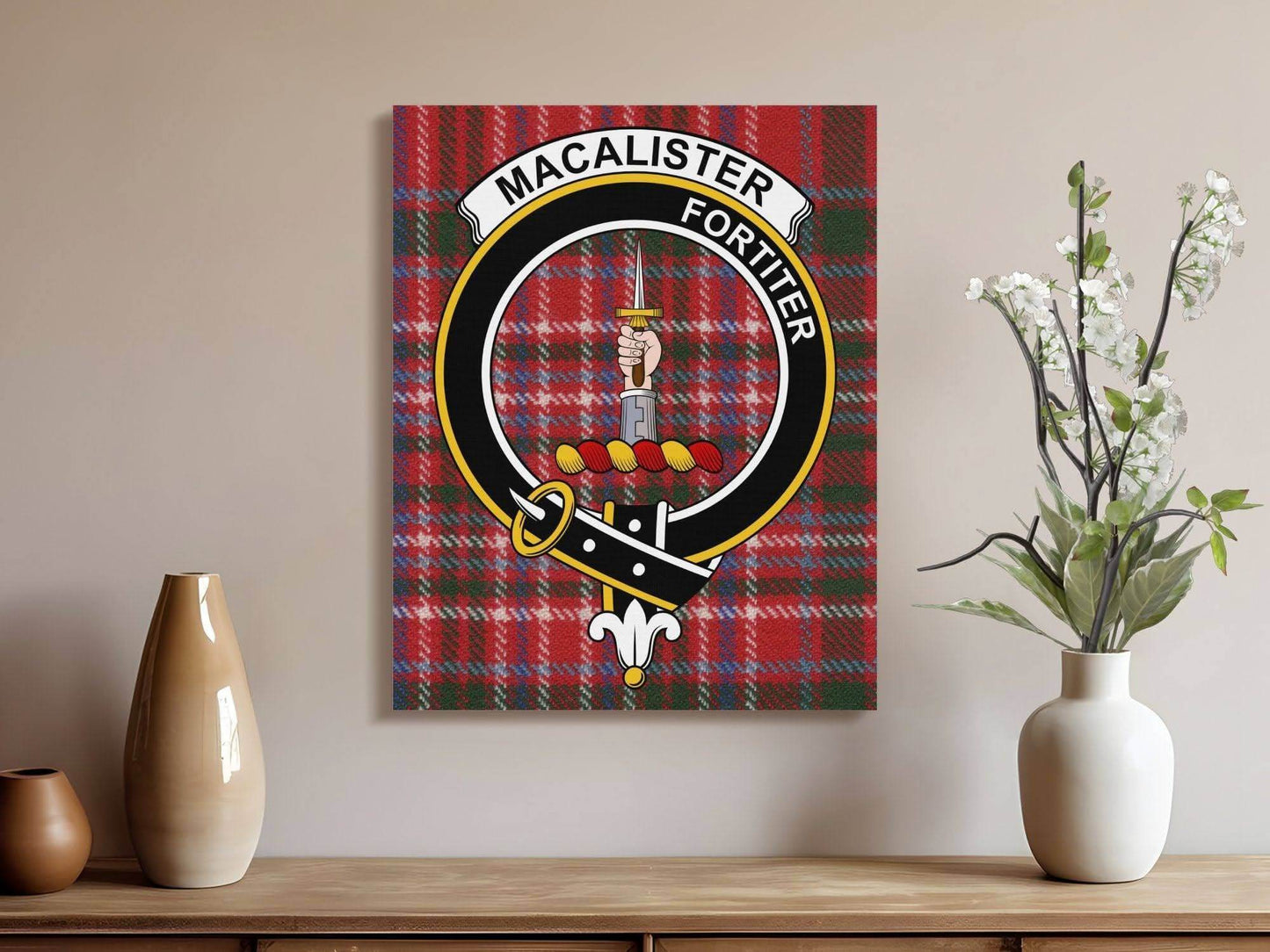 MacAlister Scottish Tartan Crest Canvas - Celtic Ancestry Gifts