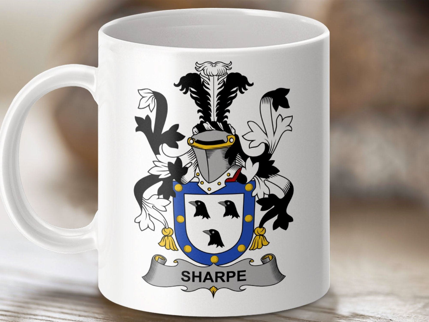 Sharpe Family Crest Coat of Arms Emblazoned Mug - Celtic Ancestry Gifts
