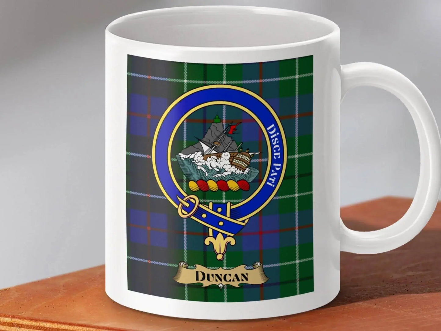 Duncan Clan Crest Badge on Tartan Background Mug product