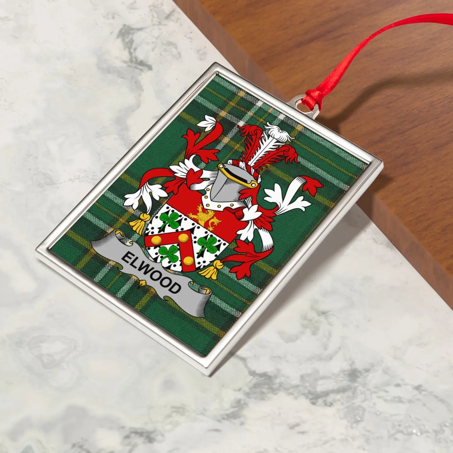 Elwood Family Crest Plaid Background Engraved Ornament product type