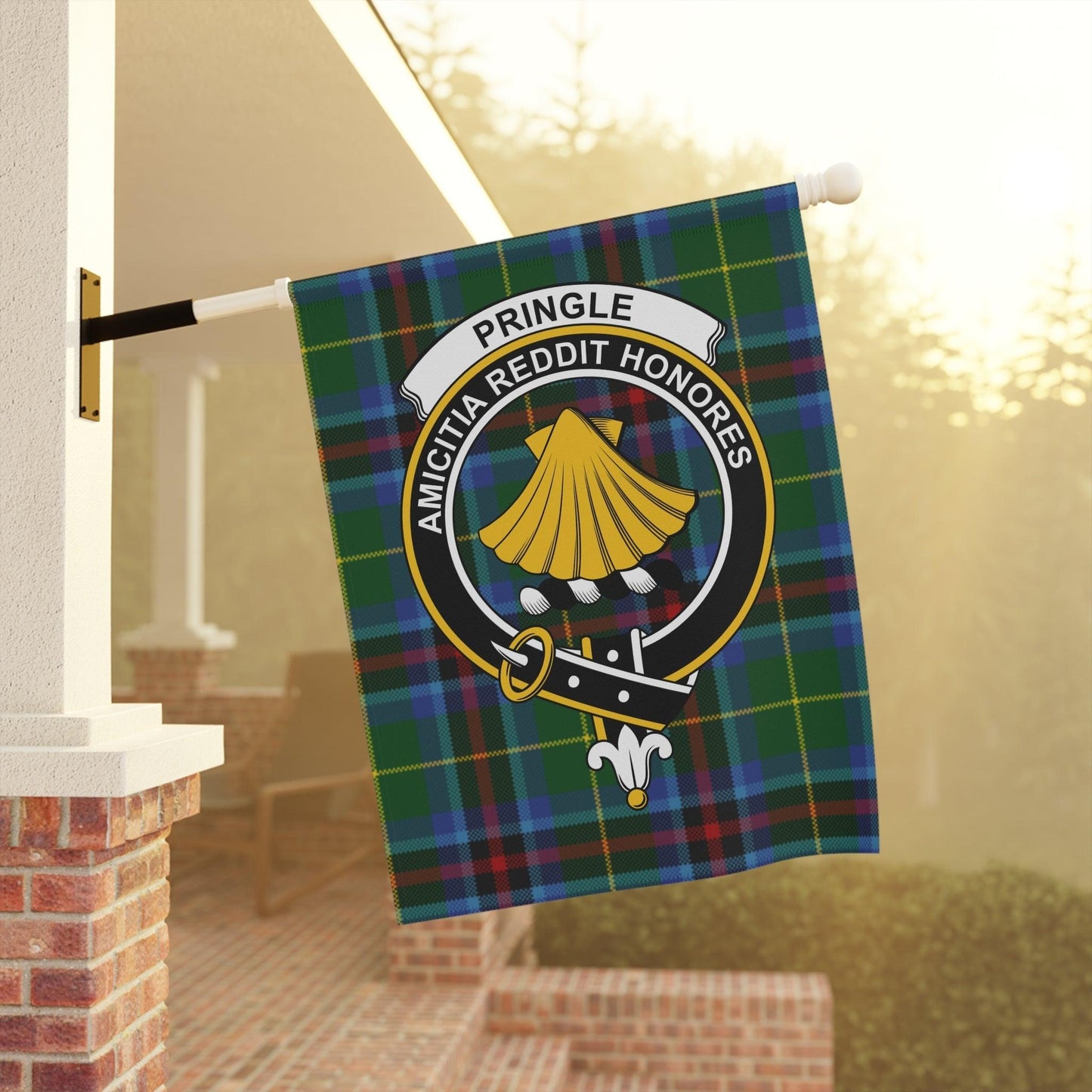 Pringle Clan Scottish Tartan Crest Garden Flag - Celtic Ancestry Gifts