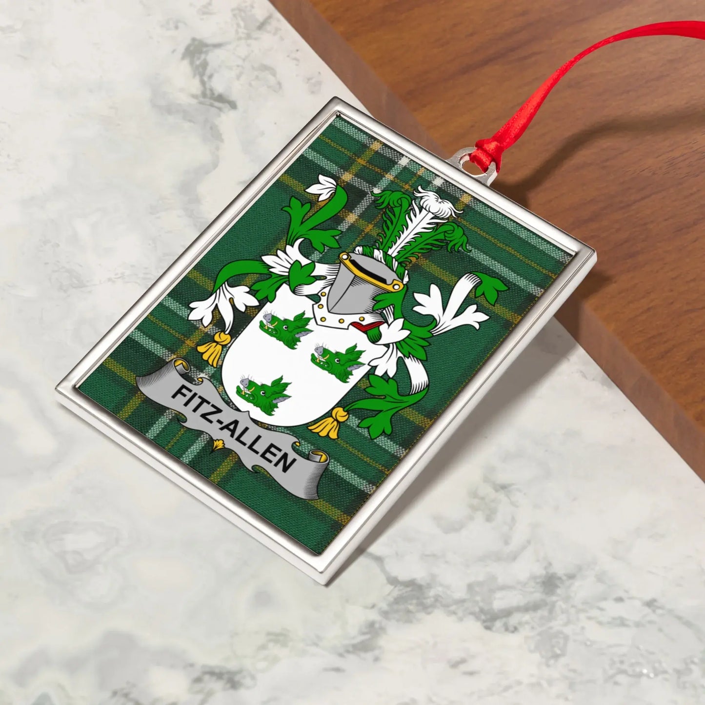 Fitz-Allen Family Crest Green Plaid Ornament product