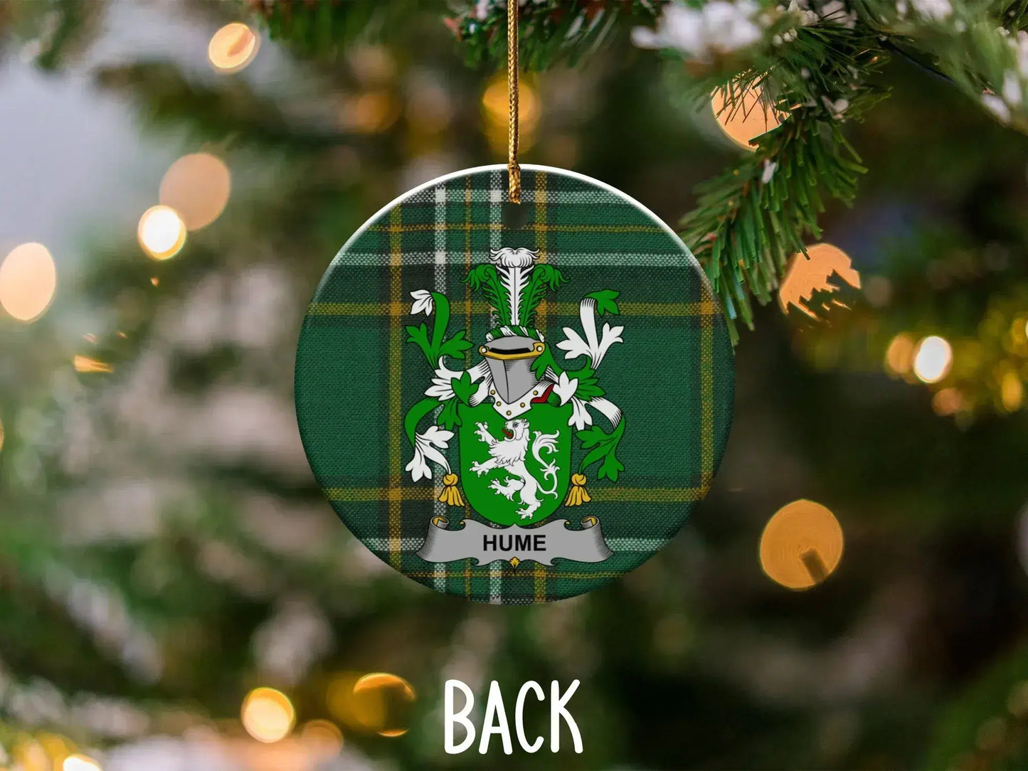HUME Family Crest on Green Tartan Christmas Ornament product