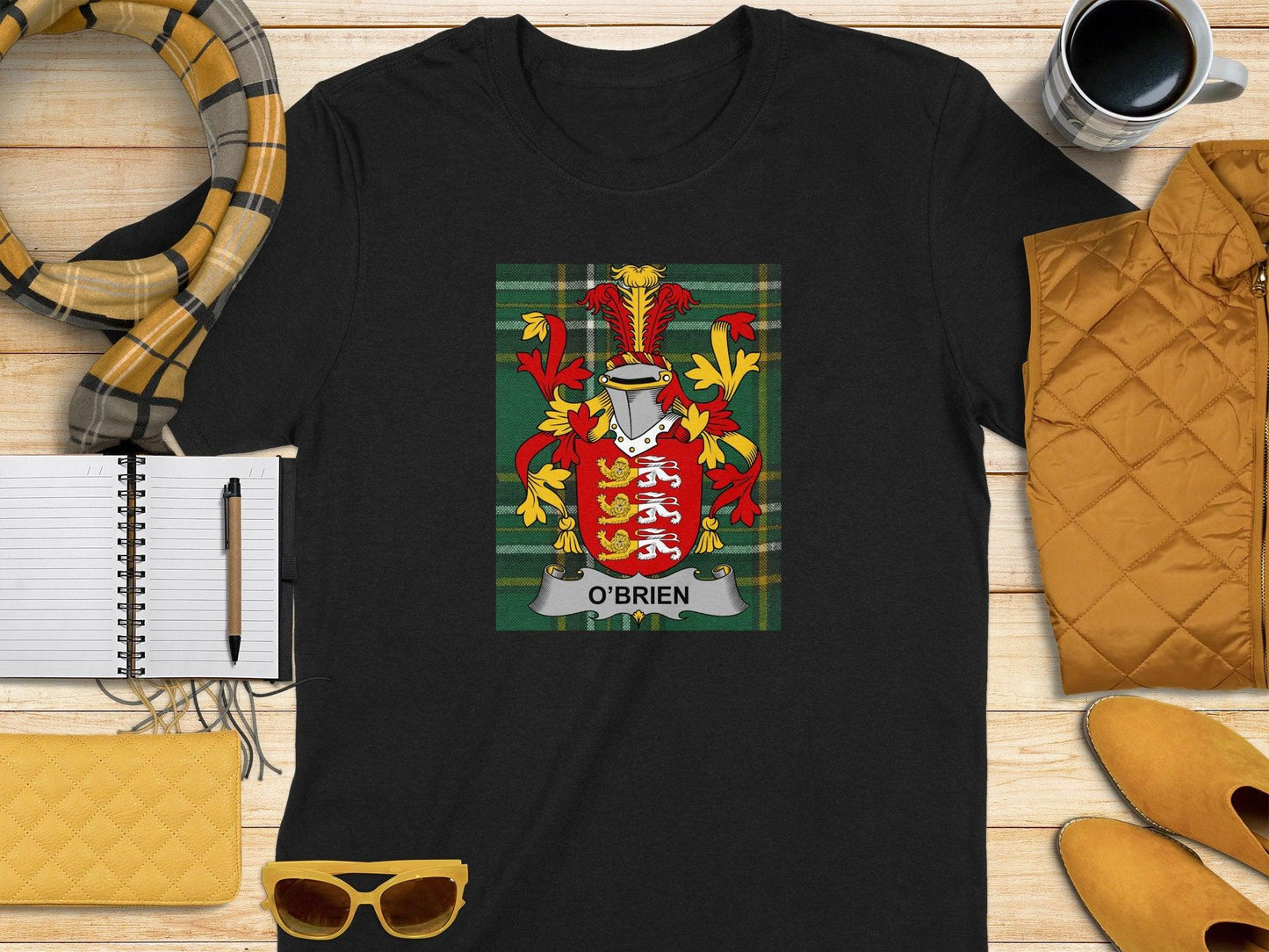 O'Brien Family Crest on Irish Tartan T-Shirt - Celtic Ancestry Gifts